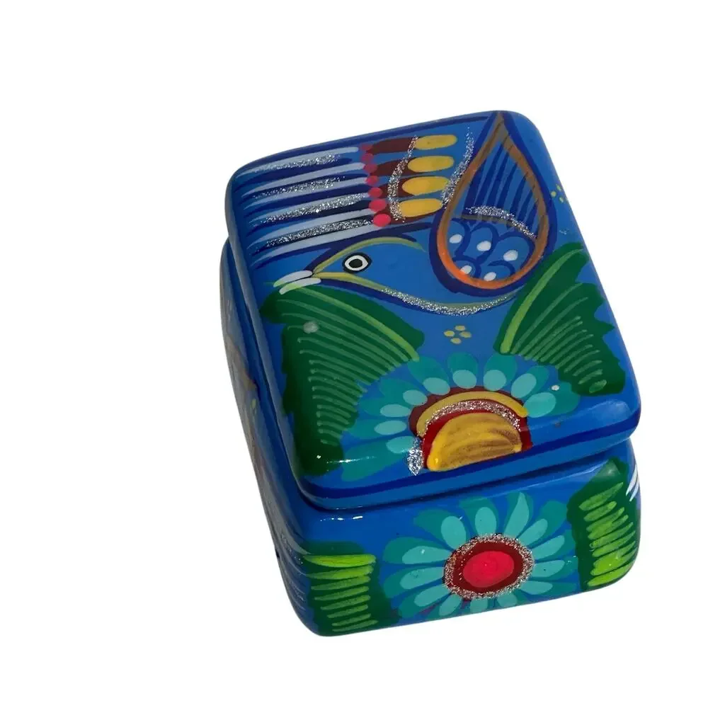 Hand Painted MEXICAN FOLK ART Blue Bird Terra Cotta Trinket Box